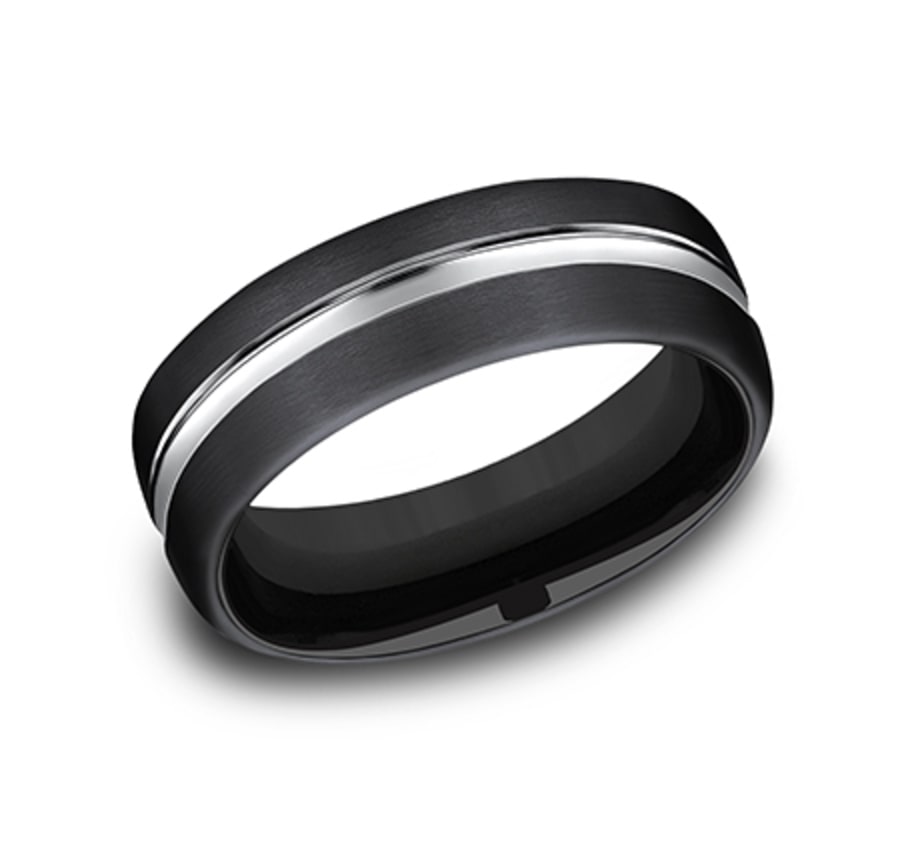black cobalt wedding ring with satin finish and polished concave center cut