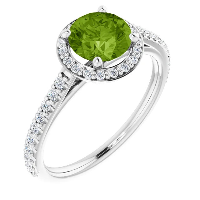 14K gold halo engagement ring with round peridot center stone and lab grown diamond halo with lab grown diamond accented band