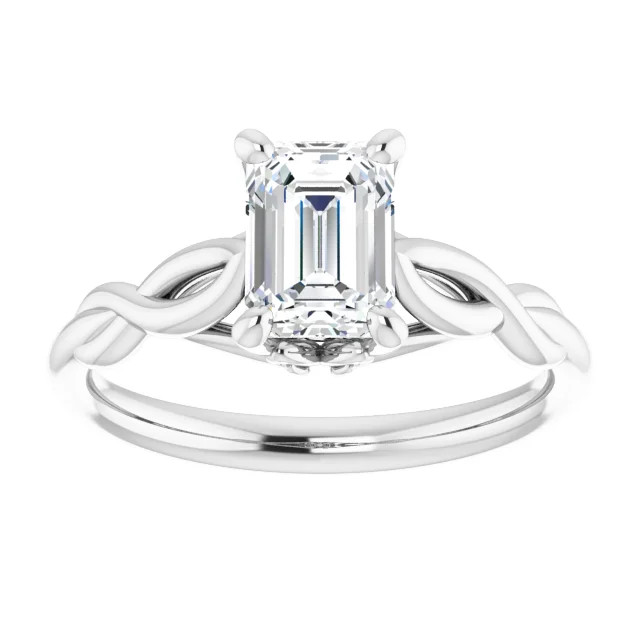 criss cross engagement ring with emerald cut moissanite center stone