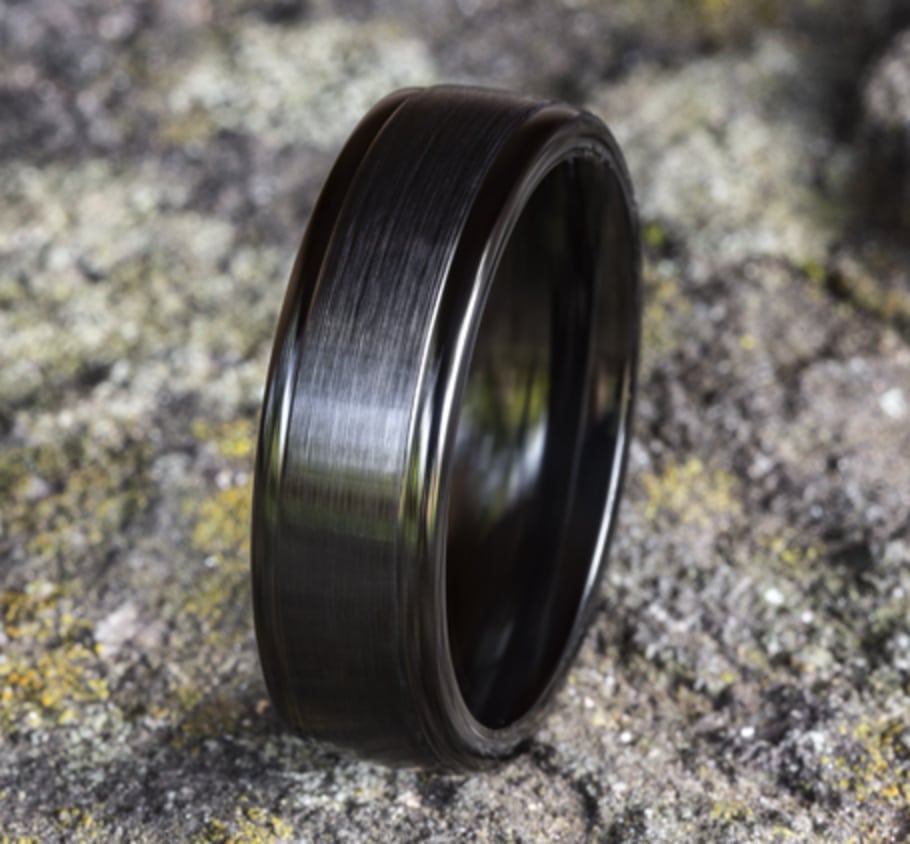 black titanium satin finish wedding ring with comfort fit and plished round endges