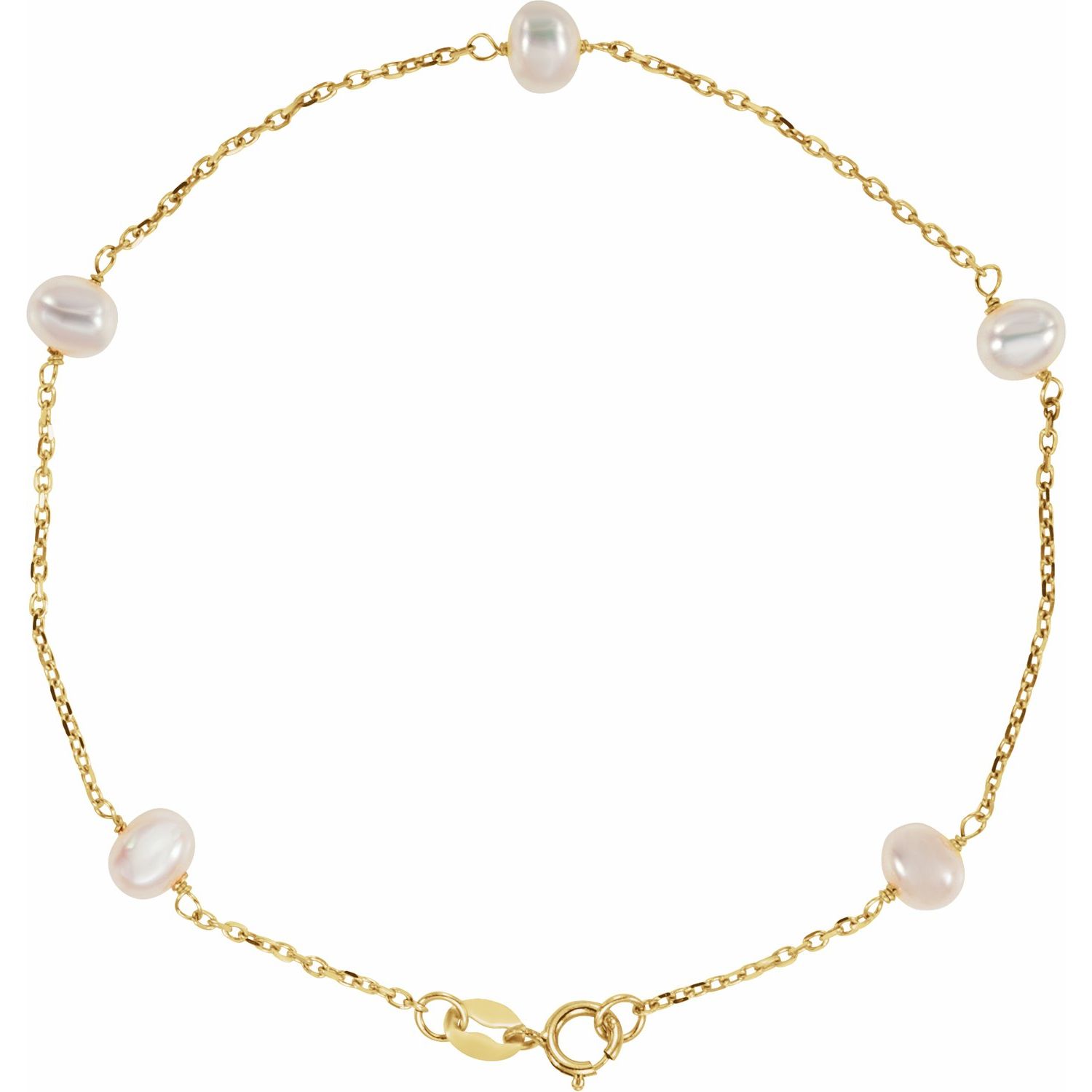 14K yellow gold round cultured pearl station bracelet
