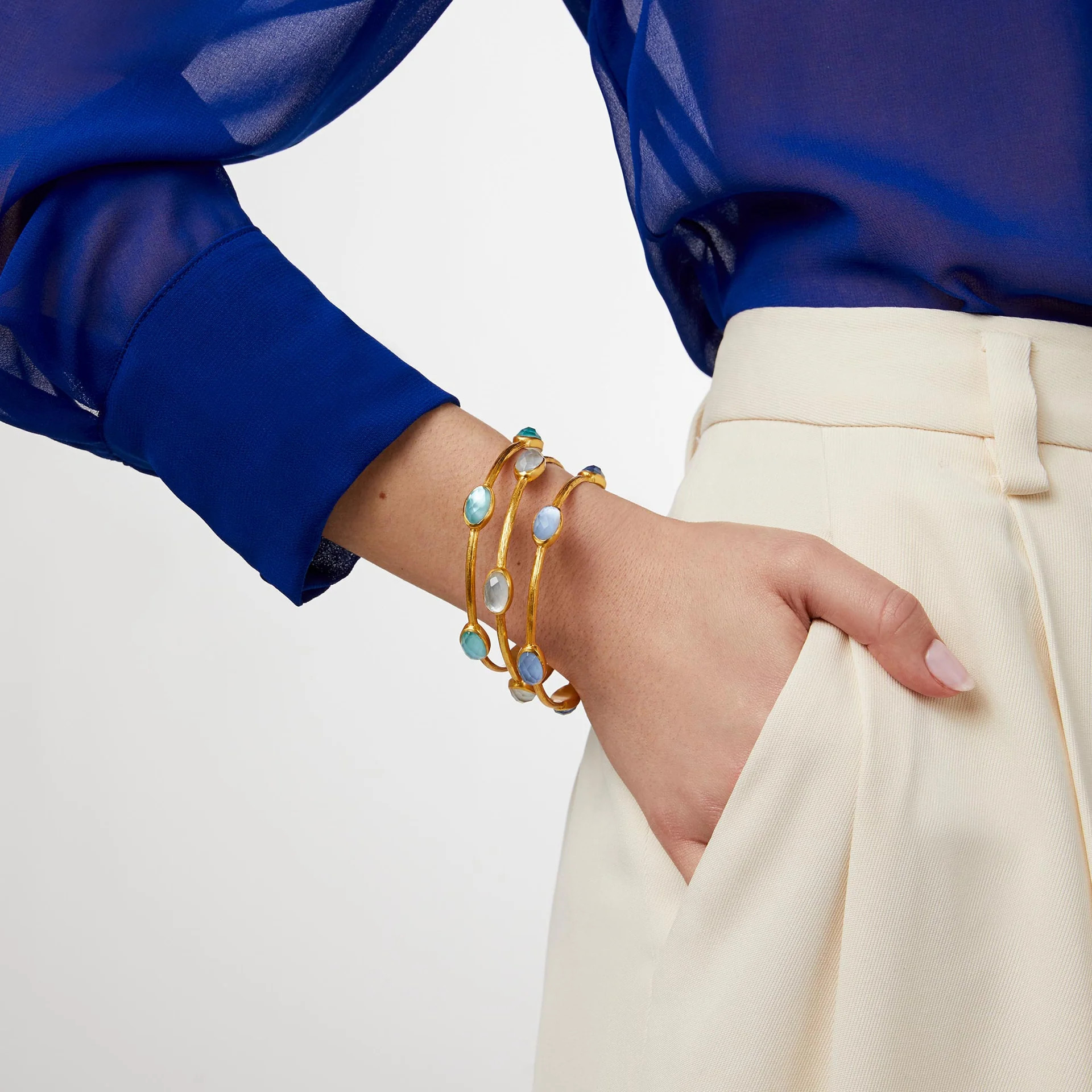 Julie Vos Ivy Stone Bangle Bracelet in Iridescent Aquamarine Blue 