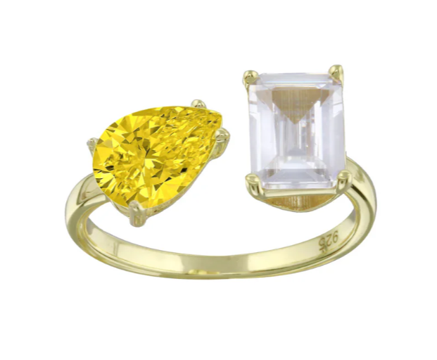 14K Yellow Gold Plated Color Pear & Emerald Two Stone Ring