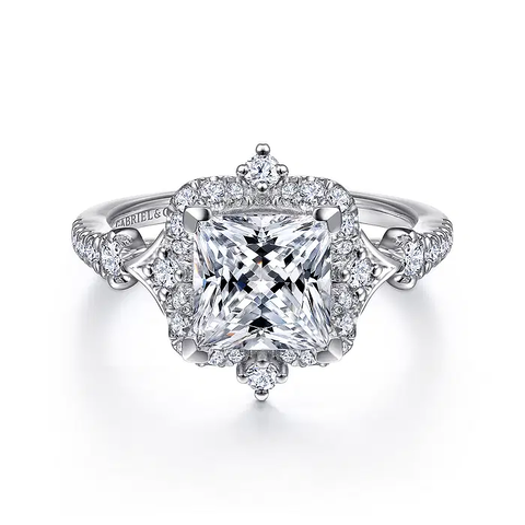 Veronique - Unique 14K White Gold Vintage Inspired Princess Halo Diamond Engagement Ring
