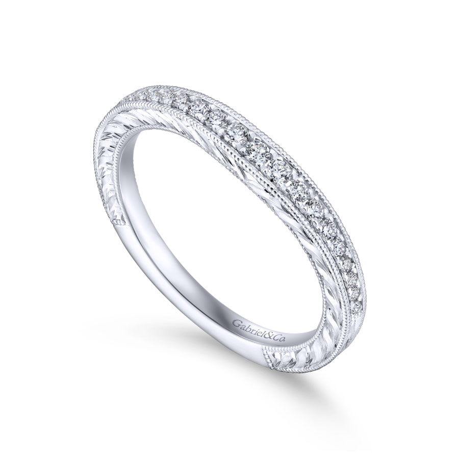 curved vintage-inspired pave diamond wedding ring with milgrain detailing