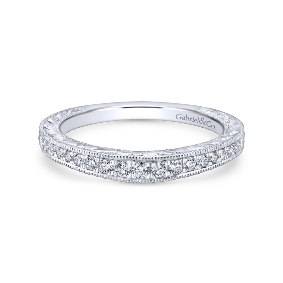 curved vintage-inspired pave diamond wedding ring with milgrain detailing