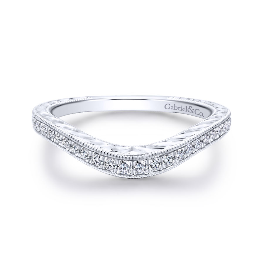 curved channel-set diamond wedding ring with milgrain detailing