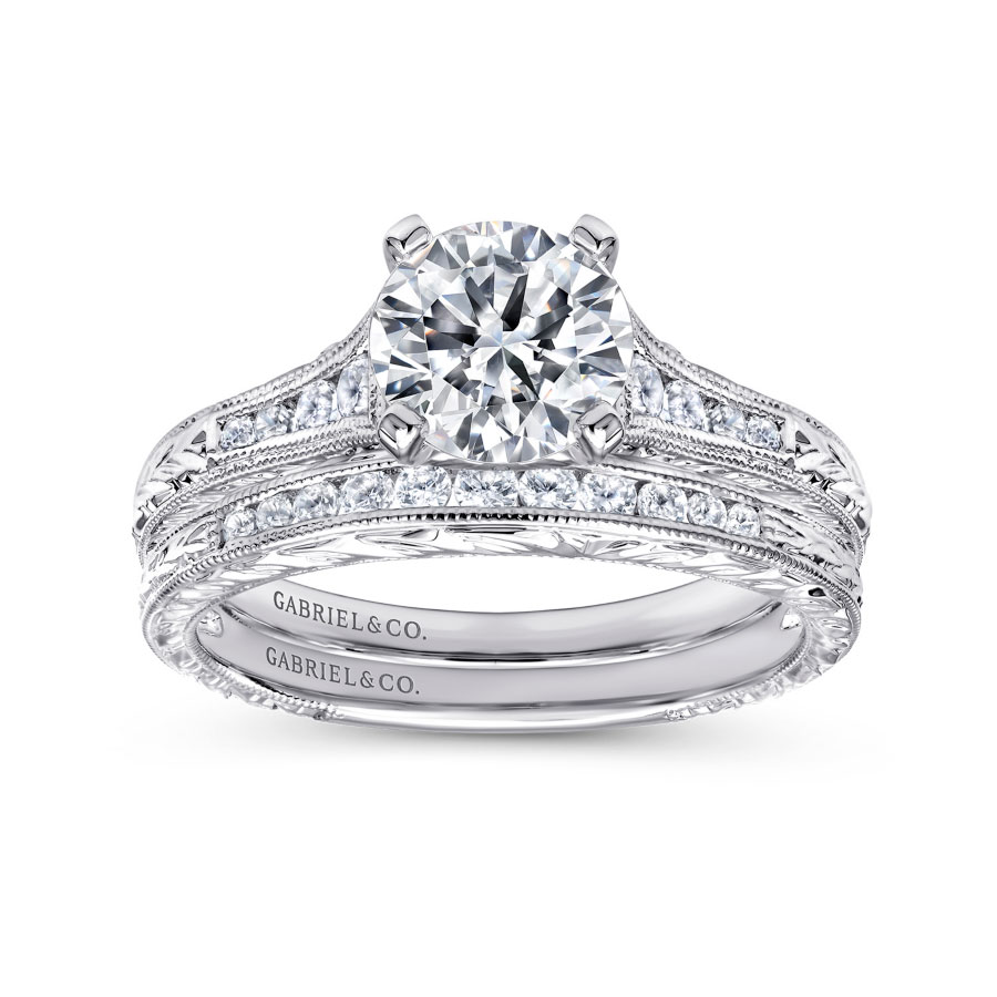 channel-set diamond wedding ring with milgrain detailing