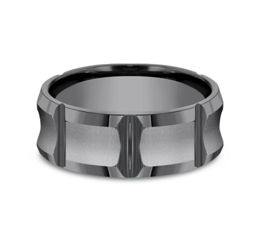 darkened tantalum wedding ring with deep vertical grooves and powder coated finish