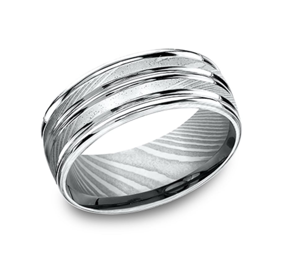 The Echo Damascus Steel Double Groove Wedding Ring