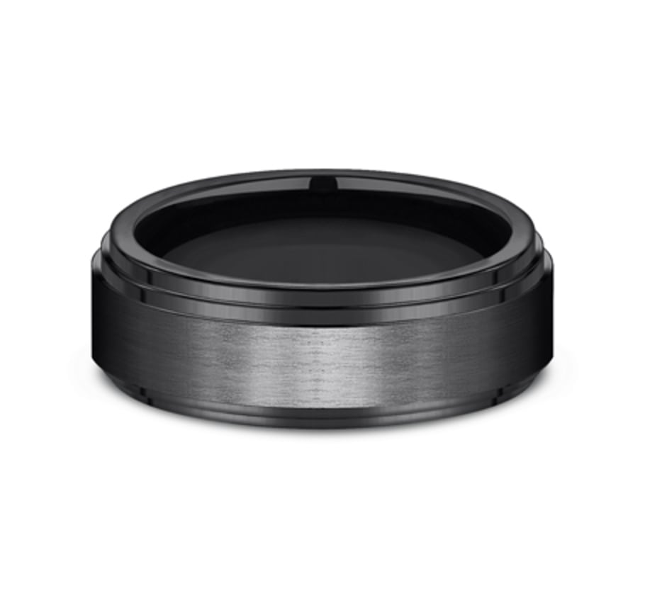black titanium wedding ring with satin finish center and double beveled edges