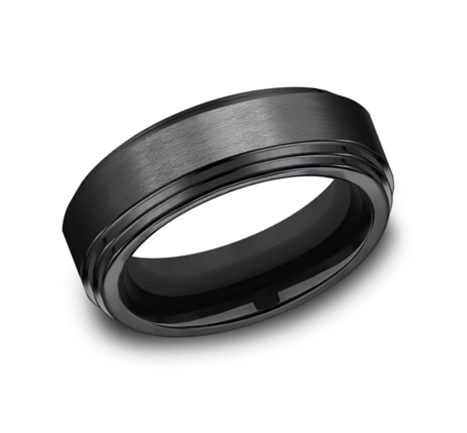 black titanium wedding ring with satin finish center and double beveled edges