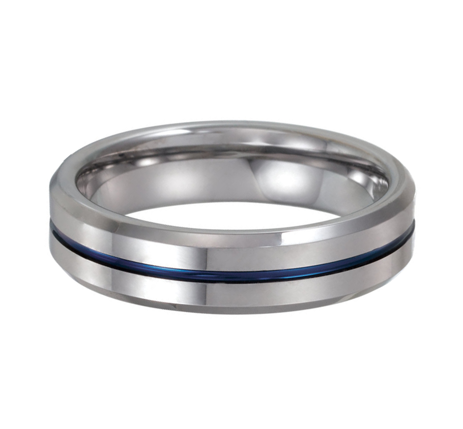 tungsten wedding ring with blue enamel inlay and beveled edges