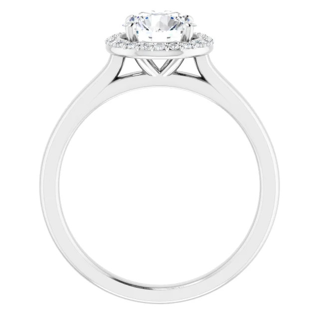 halo engagement ring with round moissanite center stone and lab grown diamond accent stones