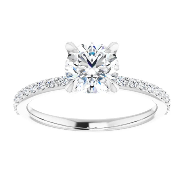 straight engagement ring with round moissanite and diamond accented band