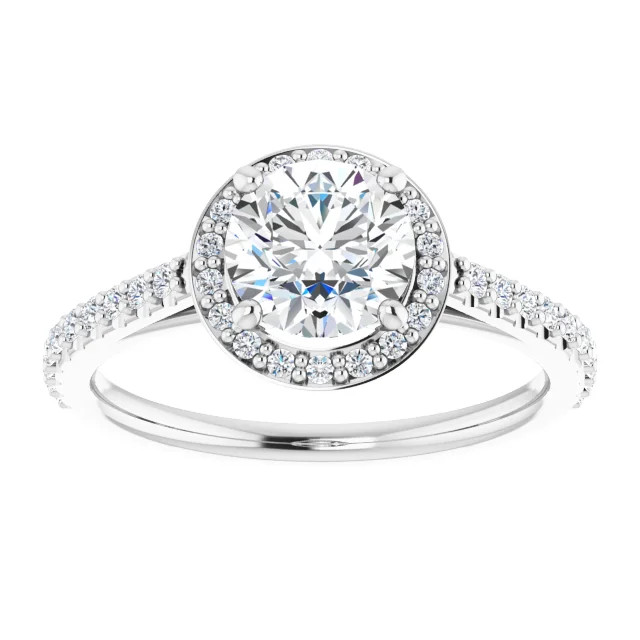 halo engagement ring with round moissanite and diamond accented halo and band