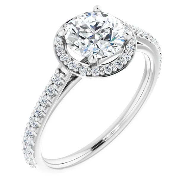halo engagement ring with round moissanite and diamond accented halo and band