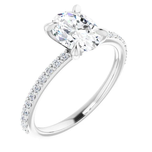 straight engagement ring with oval cut moissanite center stone and lab grown diamond accented band