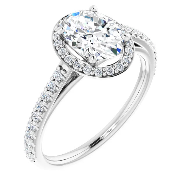 halo engagement ring with oval moissanite center stone and lab grown diamond halo and accent stones