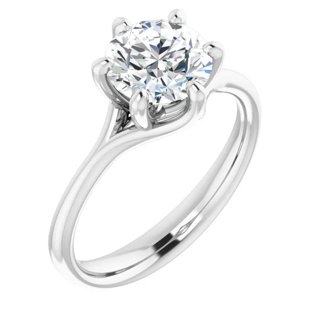 solitaire engagement ring with round moissanite center stone and six prong setting