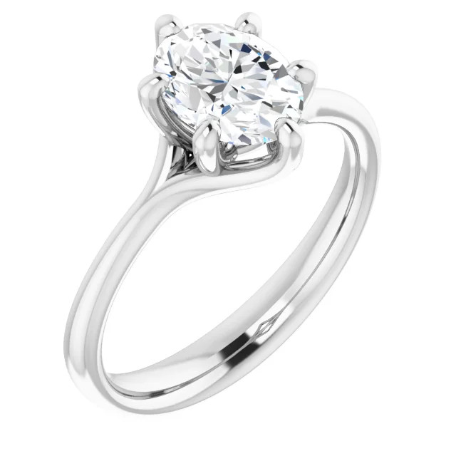 solitaire engagement ring with an oval shaped moissanite center stone and six prong setting