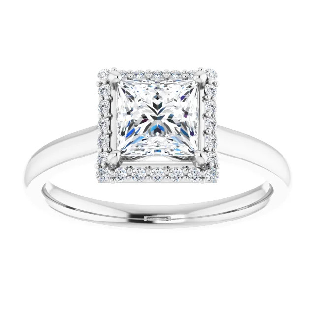 halo engagement ring with princess cut moissanite center stone and lab grown diamond halo