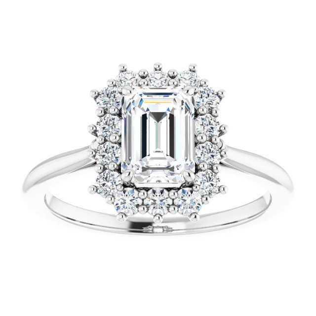 halo engagement ring with emerald cut moissanite center stone and lab grown diamond accents in the halo