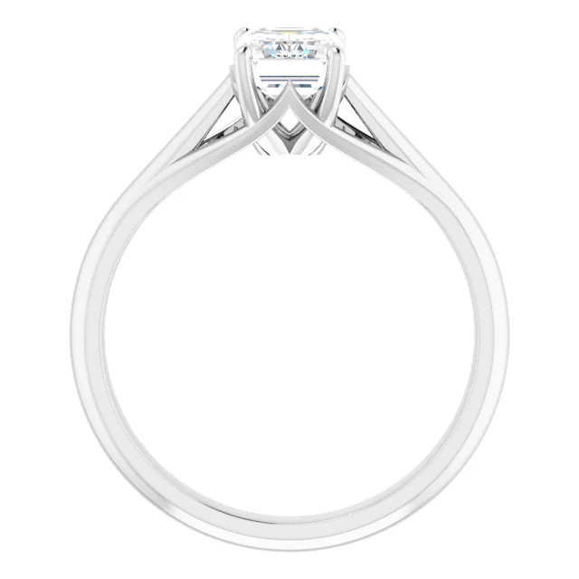 solitaire engagement ring with emerald cut moissanite center stone and gentle split shank beneath the head