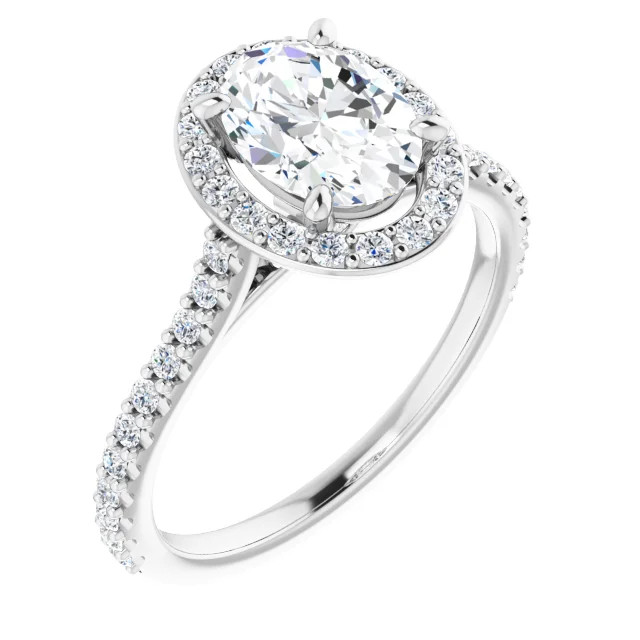 halo engagement ring with oval shaped moissanite center stone and natural diamond accents on the halo and the band