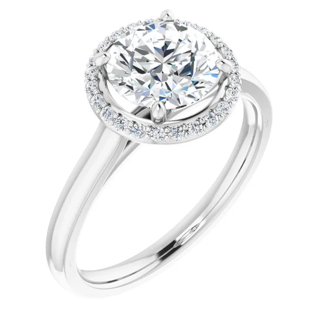 halo engagement ring with round moissanite center stone and natural diamond accented halo with polished band