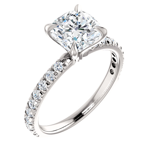 straight engagement ring with cushion cut moissanite center stone and lab grown diamond accents on the band
