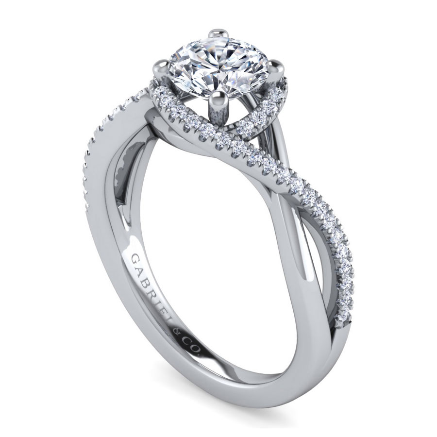 halo engagement ring with moissanite center stone and diamond criss cross band