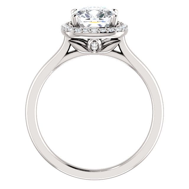 halo engagement ring with cushion cut moissanite center stone and lab grown diamond accented halo with polished band