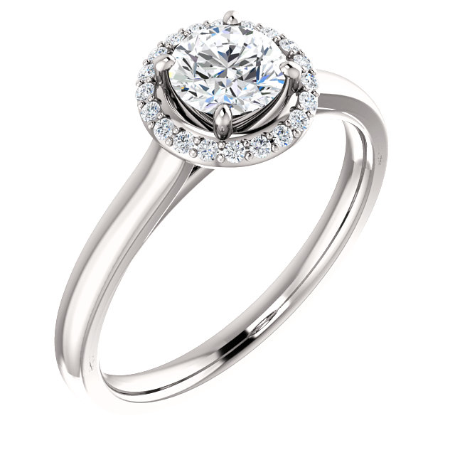 halo engagement ring with round moissanite center stone and lab grown diamond accented halo with polished band