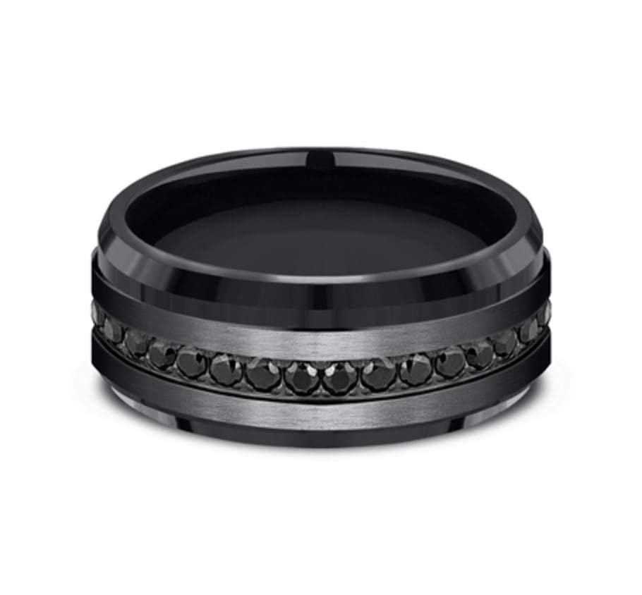 black titanium eternity wedding ring with channel-set black cubic zirconia stones