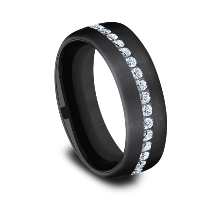 black titanium comfort-fit wedding ring with a satin finish and channel-set lab grown diamonds