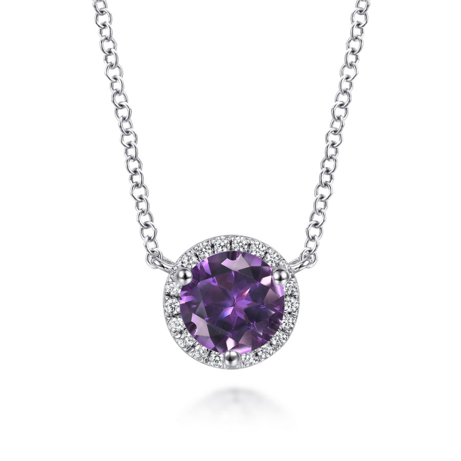 14K white gold amethyst pendant necklace with diamond halo