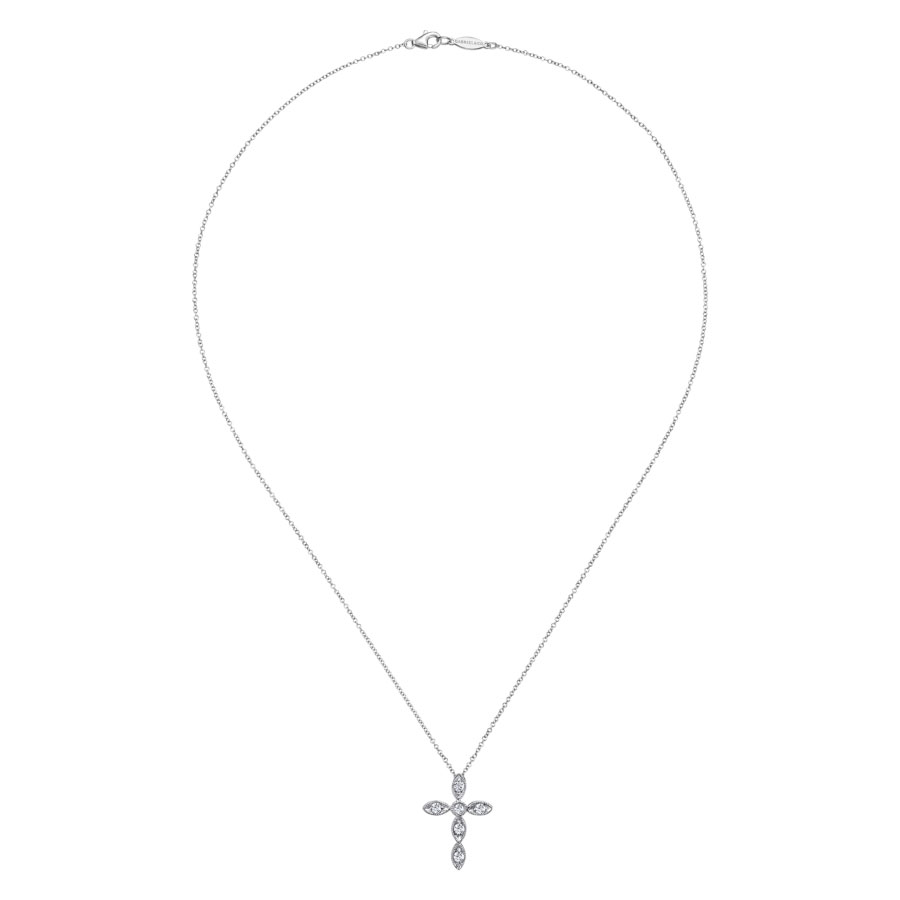 14K gold marquise-shaped cross necklace with diamonds