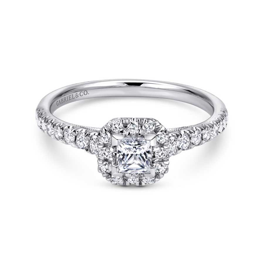 14K white gold halo engagement ring with princess cut diamond center stone and diamond accented halo and band