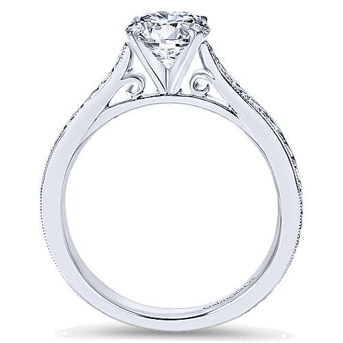 14K white gold solitaire engagement ring with round natural diamond center stone and milgrain detailed band