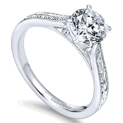 14K white gold solitaire engagement ring with round natural diamond center stone and milgrain detailed band