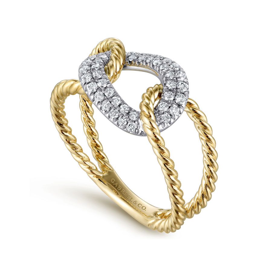 14K Gold Twisted Rope Link Diamond Pave Station Ring (1/4 TCW)