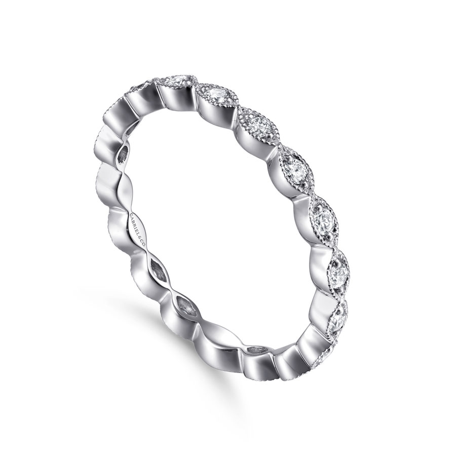 14K gold diamond eternity ring with marquise shaped frame and milgrain detailing