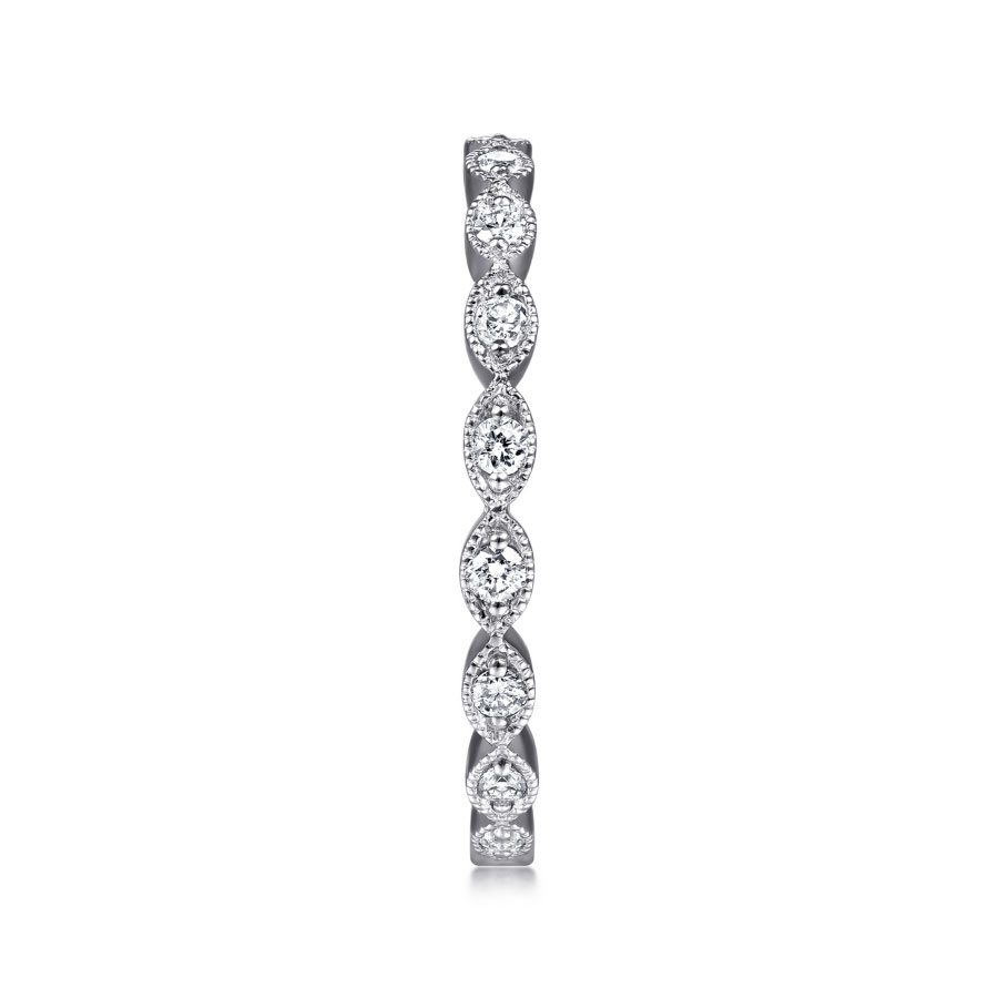 14K gold diamond eternity ring with marquise shaped frame and milgrain detailing