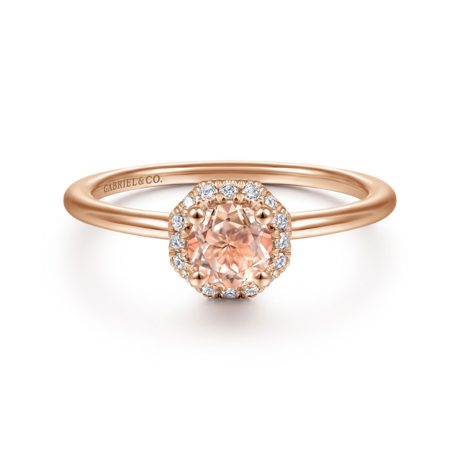 14K rose gold ring with morganite center stone and octongon shaped diamond halo