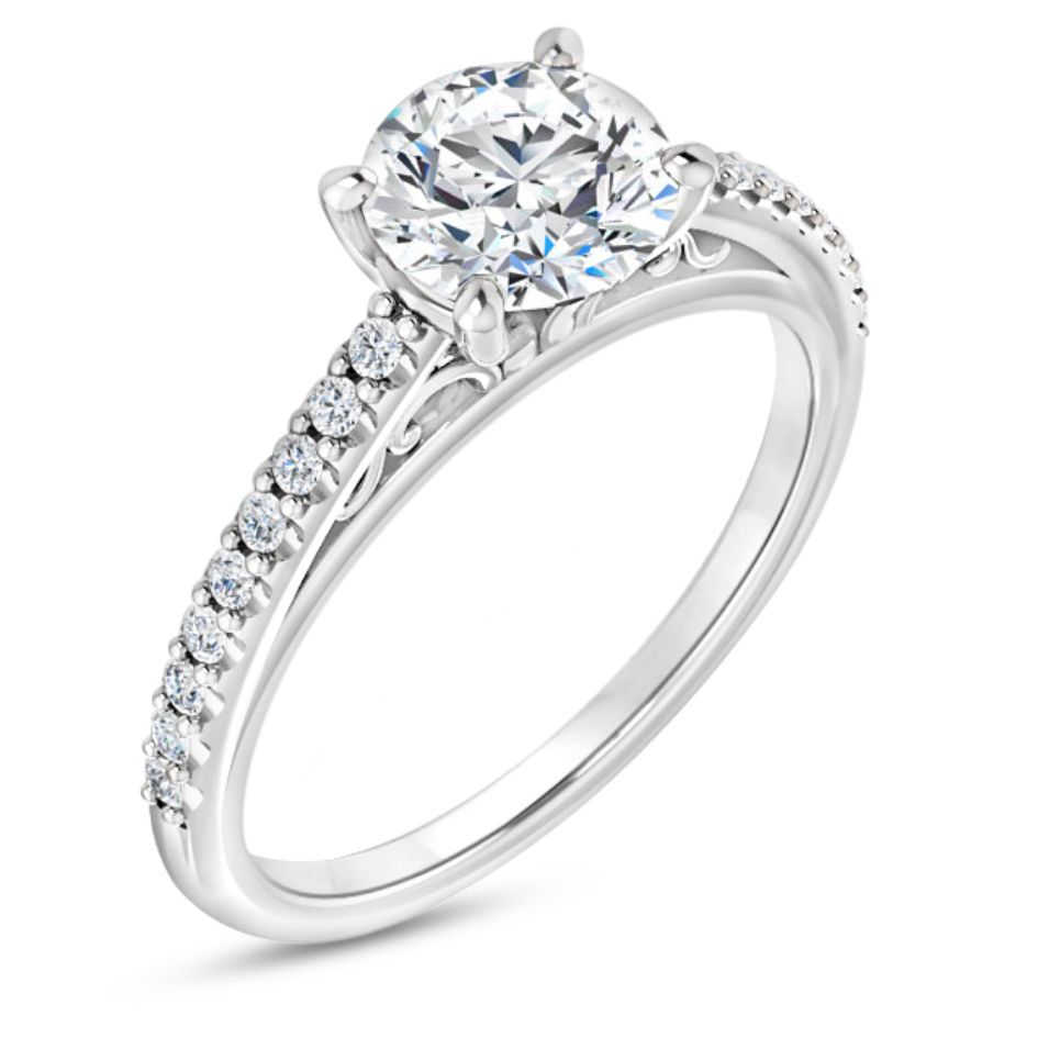 14K gold cathedral engagement ring with diamond accented band