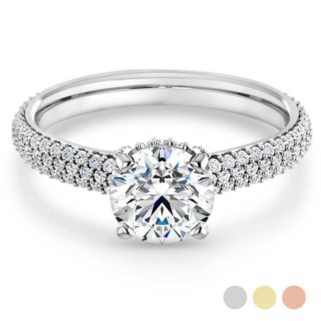 straight engagement ring with 3 rows of micropave diamonds and a hidden halo of diamonds on a diamond accented band