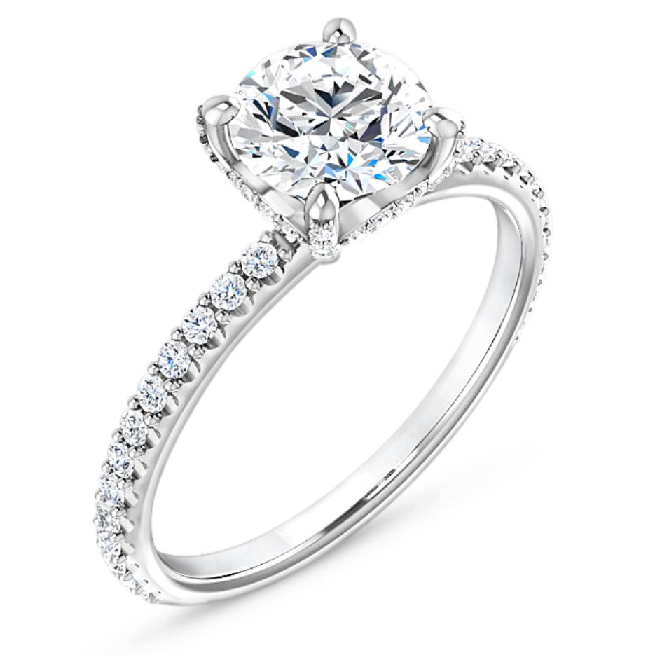 straight engagement ring with diamond accented band and hidden halo of diamonds