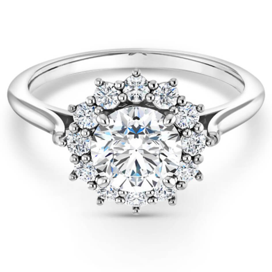 floral-inspired engagement ring with halo and polished band