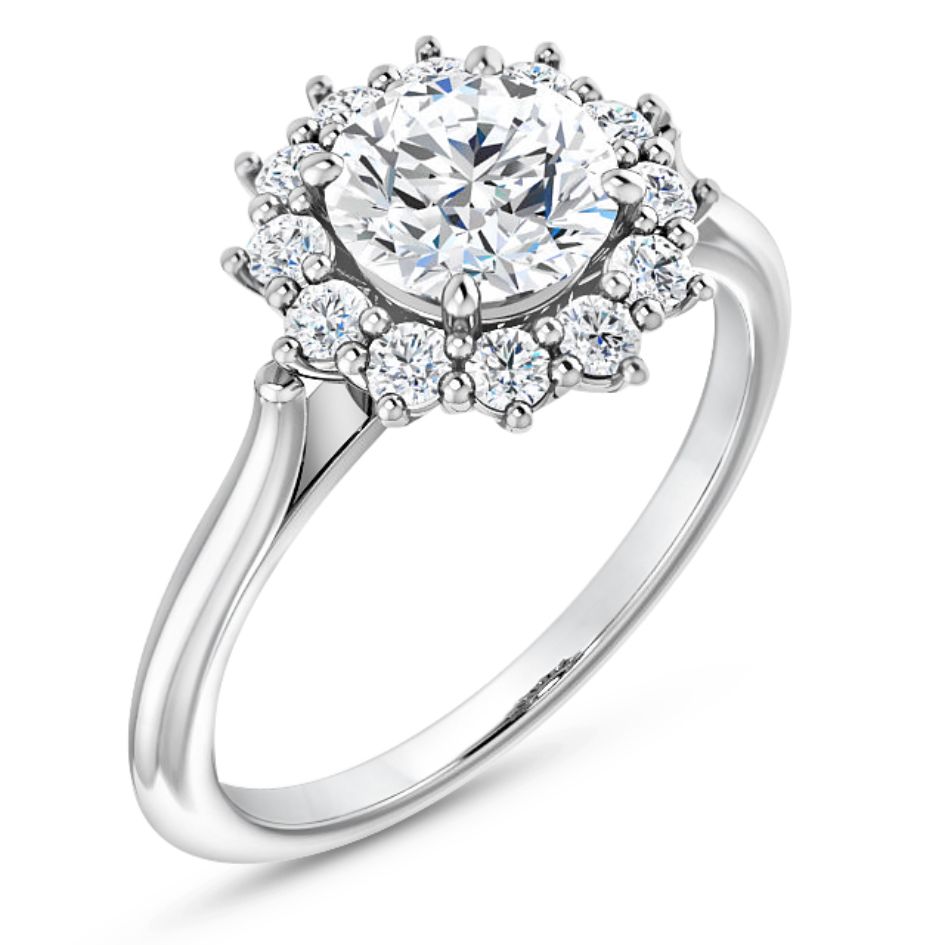 floral-inspired engagement ring with halo and polished band